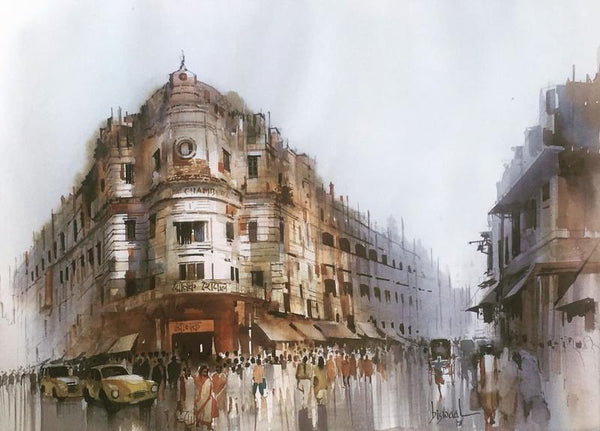 Cityscape watercolor painting titled 'Old Calcutta', 22x30 inches, by artist Bijay Biswaal on Paper