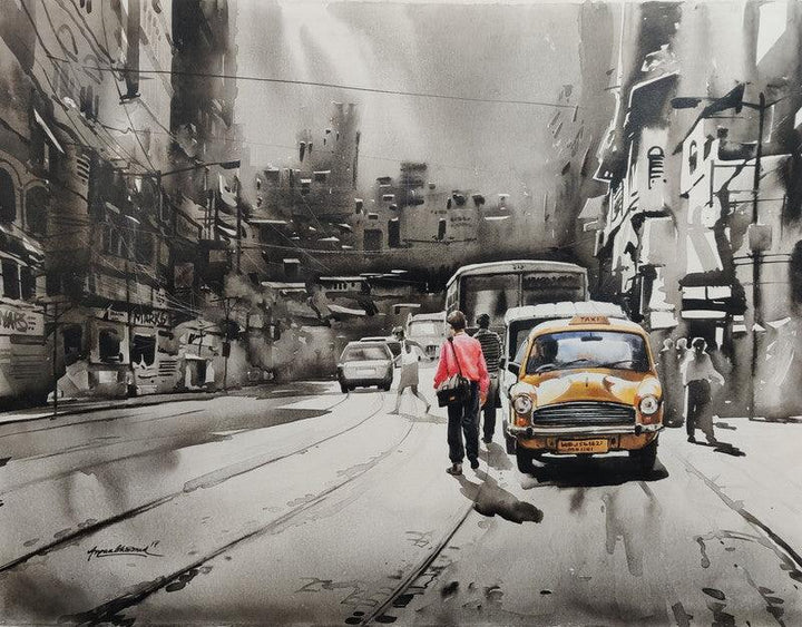 Cityscape acrylic painting titled 'Old Calcutta Street 1', 30x40 inches, by artist Arpan Bhowmik on Canvas