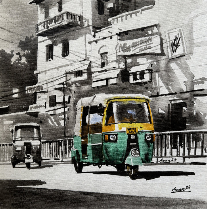 Cityscape acrylic painting titled 'Old Calcutta Street', 12x12 inch, by artist Arpan Bhowmik on Canvas