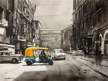 Cityscape acrylic painting titled 'Old Calcutta Street', 30x40 inches, by artist Arpan Bhowmik on Canvas