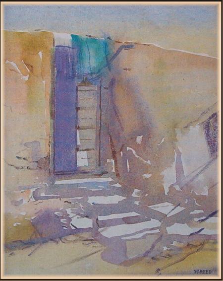 Cityscape watercolor painting titled 'Old Door', 15x12 inches, by artist Fareed Ahmed on Canvas Board