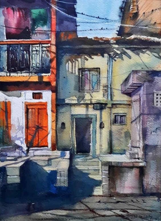 Cityscape watercolor painting titled 'Old House At Nashik', 15x11 inches, by artist Jitendra Divte on Paper