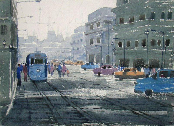 Cityscape watercolor painting titled 'Old Kolkata', 11x15 inches, by artist Jiaur Rahman on Paper