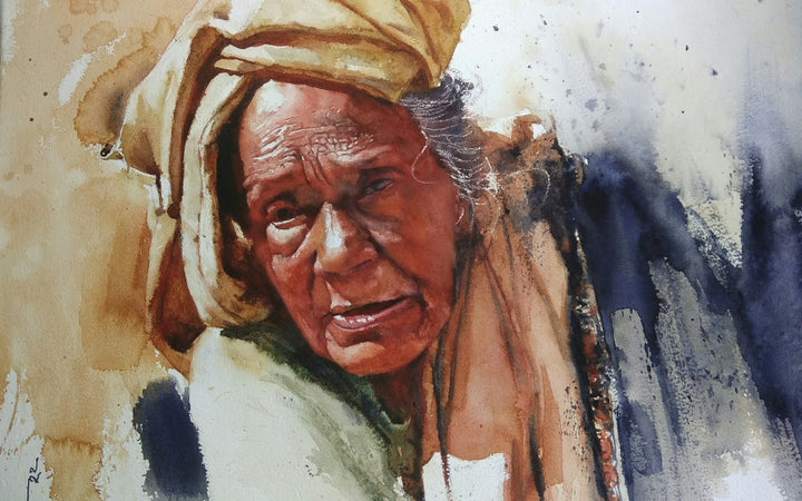 Portrait watercolor painting titled 'An Old Lady', 22x30 inch, by artist Das Sujith on Paper