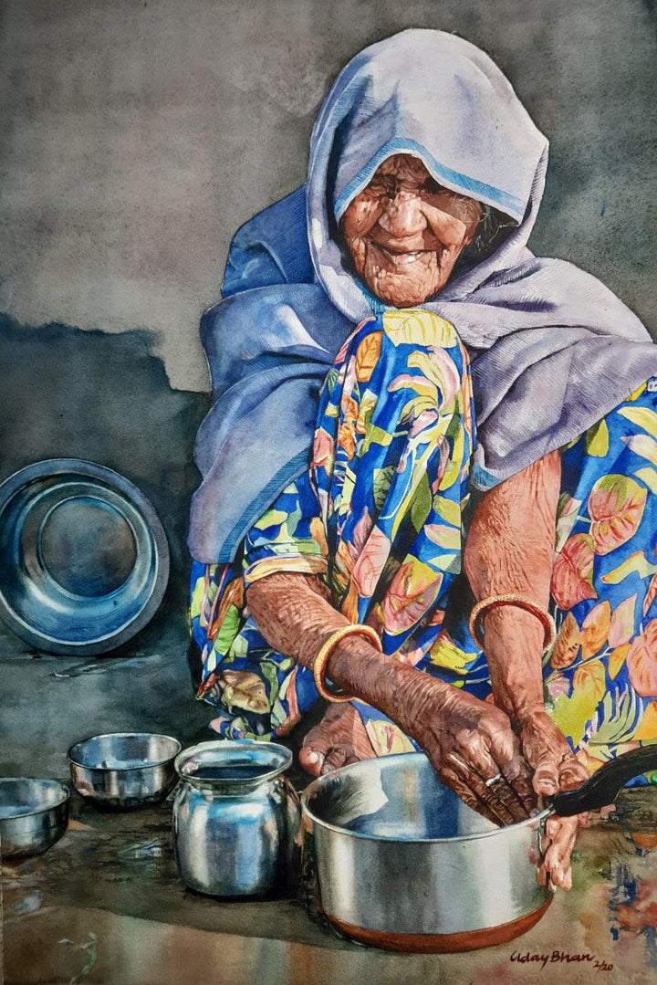 Lifestyle watercolor painting titled 'Old lady', 22x15 inches, by artist Dr Uday Bhan on Paper