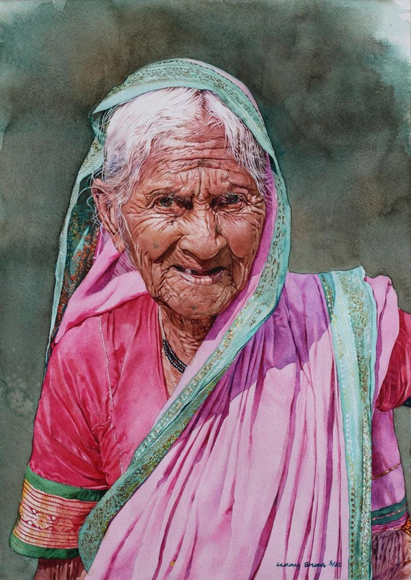 Portrait watercolor painting titled 'Old lady in pink sari', 22x15 inches, by artist Dr Uday Bhan on Paper