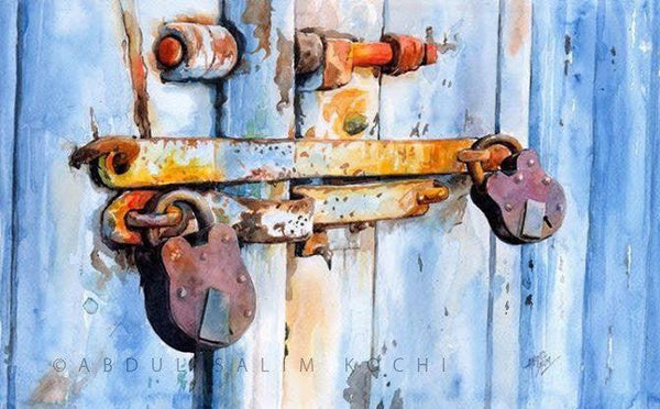 Still-life watercolor painting titled 'Old Lock', 10x16 inches, by artist Abdul Salim on Paper