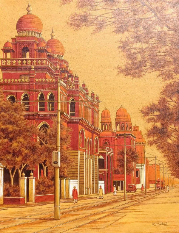 Cityscape acrylic painting titled 'Old Madras Beach Road', 18x14 inches, by artist Sakthivel Ramalingam on Canvas