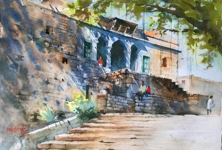 Cityscape watercolor painting titled 'Old Mahal', 20x14 inches, by artist Sanjay Dhawale on handmade paper