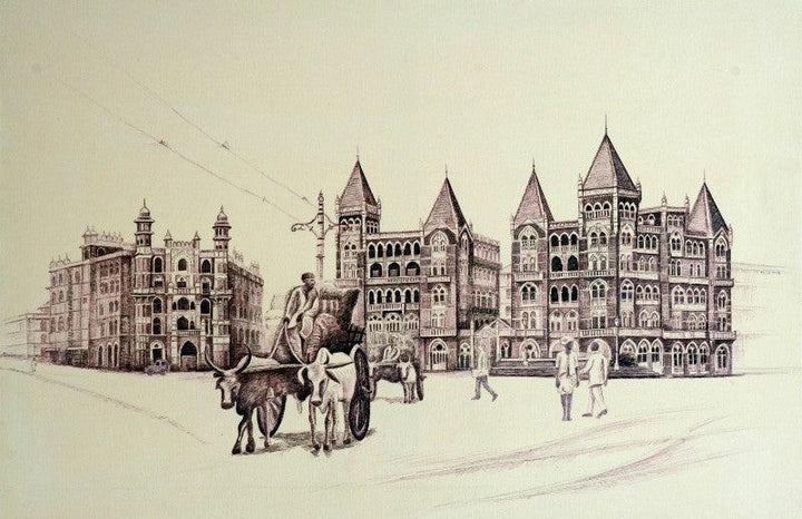 Cityscape ink drawing titled 'Old Majestice Mla Hostel Colaba', 24x36 inches, by artist Aman A on Canvas