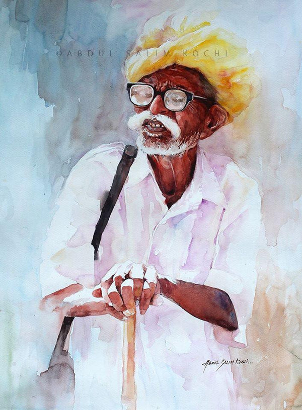 Portrait watercolor painting titled 'Old Man', 24x18 inches, by artist Abdul Salim on Paper