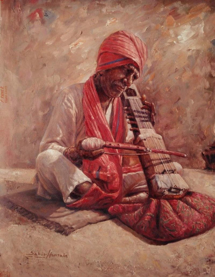 Portrait oil painting titled 'Old Man With Sarangi', 24x20 inches, by artist Sabir Hussain on Canvas