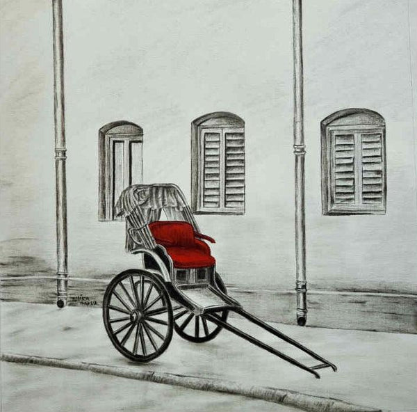 Cityscape charcoal painting titled 'Old Memories In Kolkata 11', 24x24 inches, by artist Tulika Thakur on Canvas