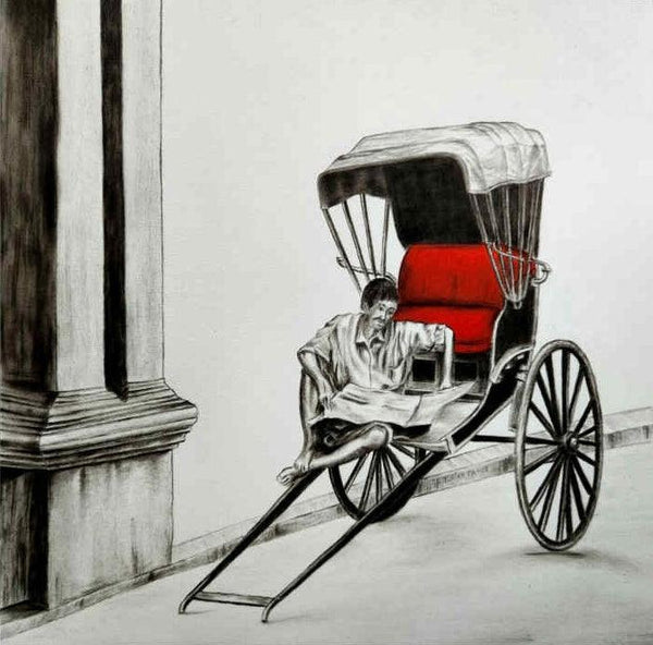 Cityscape charcoal painting titled 'Old Memories In Kolkata 12', 24x24 inches, by artist Tulika Thakur on Canvas