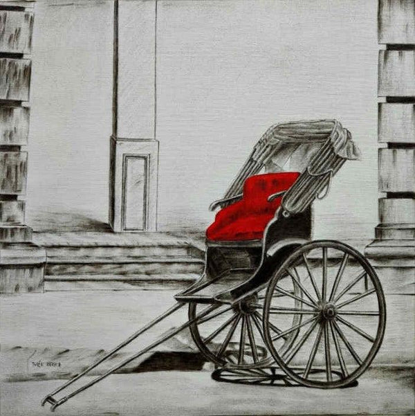 Cityscape charcoal painting titled 'Old Memories In Kolkata 15', 24x24 inches, by artist Tulika Thakur on Canvas