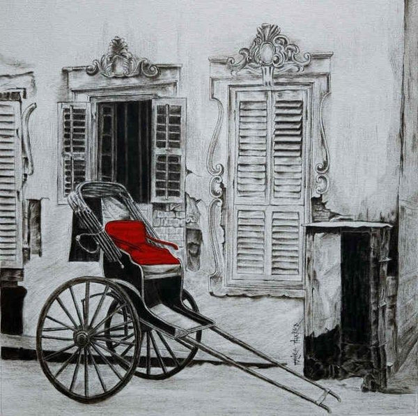 Cityscape charcoal painting titled 'Old Memories In Kolkata 5', 24x24 inches, by artist Tulika Thakur on Canvas