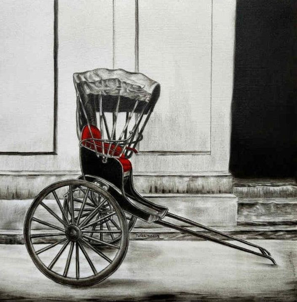 Cityscape charcoal painting titled 'Old Memories In Kolkata 7', 24x24 inches, by artist Tulika Thakur on Canvas