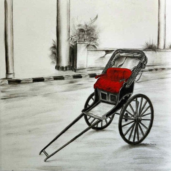 Cityscape charcoal painting titled 'Old Memories In Kolkata 9', 24x24 inches, by artist Tulika Thakur on Canvas