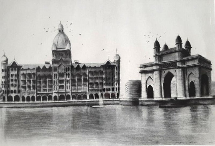 Cityscape charcoal painting titled 'Old Mumbai 3', 18x26 inches, by artist Akash Parkande on Canvas