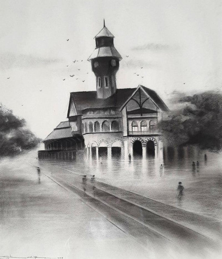 Cityscape charcoal painting titled 'Old Mumbai 4', 21x18 inches, by artist Akash Parkande on Canvas