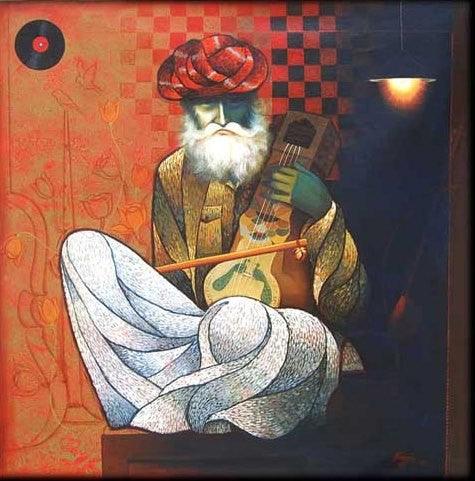 Figurative mixed media painting titled 'Old Musician', 36x36 inches, by artist Ram Onkar on Canvas