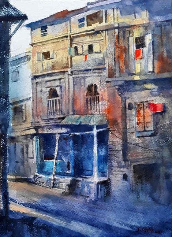 Cityscape watercolor painting titled 'Old Nashik', 15x11 inches, by artist Jitendra Divte on Paper