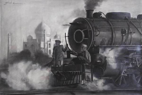 Cityscape charcoal painting titled 'Old Taj', 30x36 inches, by artist Akash Parkande on Canvas