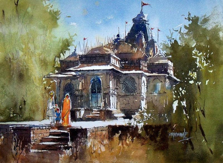 Cityscape watercolor painting titled 'Old Temple', 11x15 inches, by artist Sanjay Dhawale on Handmade Paper