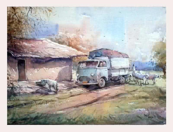 Landscape watercolor painting titled 'Old Van', 30x22 inches, by artist Amit Kapoor on Handmade Paper