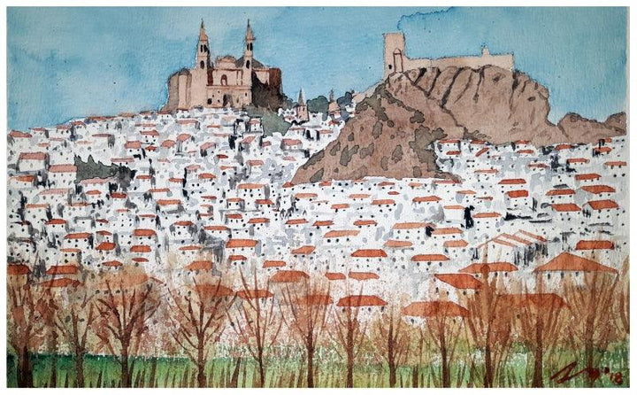 Cityscape watercolor painting titled 'Olvera Spain', 7x11 inches, by artist Arunava Ray on Paper