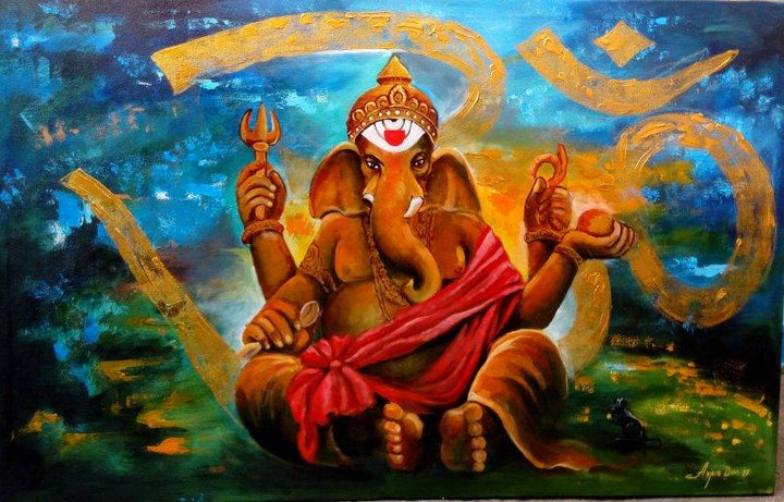 Religious acrylic painting titled 'Om Ganesha 2', 30x48 inches, by artist Arjun Das on Canvas