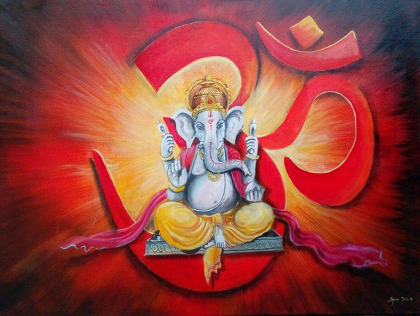 Religious acrylic painting titled 'Om Ganesha', 48x36 inches, by artist Arjun Das on Canvas