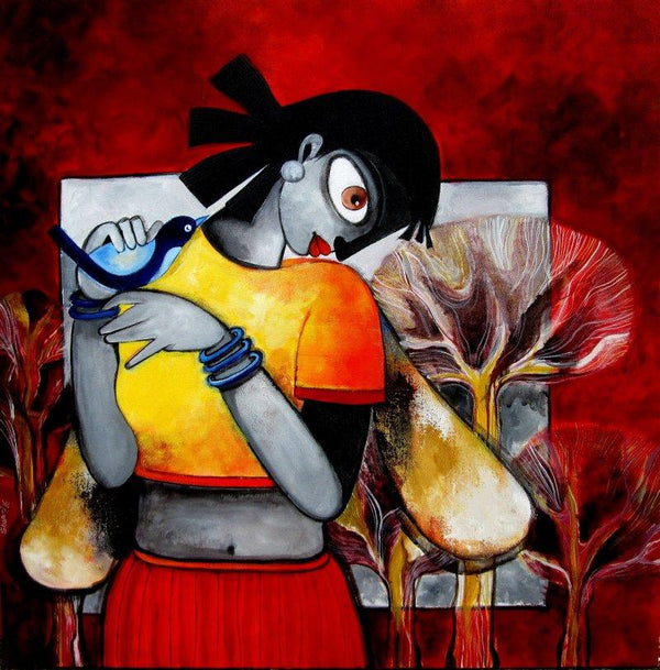 Figurative acrylic painting titled 'OMANA', 30x30 inches, by artist Sharmi Dey on Canvas