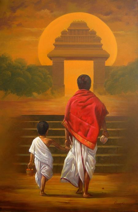 Motivational acrylic painting titled 'On Holy Path', 36x24 inches, by artist Vinayak Potdar on Canvas