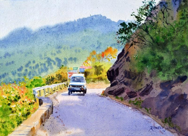 Landscape watercolor painting titled 'On The Way To Kasauli', 10x14 inches, by artist Ramesh Jhawar on Paper