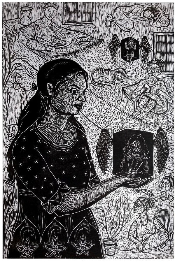 Figurative printmaking titled 'On The Wings', 48x32 inches, by artist Nandini Pantawane on Paper