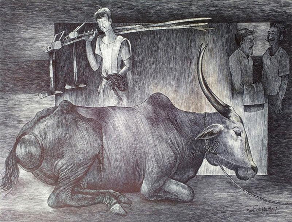 Figurative pen ink drawing titled 'Once Upon A Time There Is 2', 16x20 inches, by artist Satish Multhalli on Paper