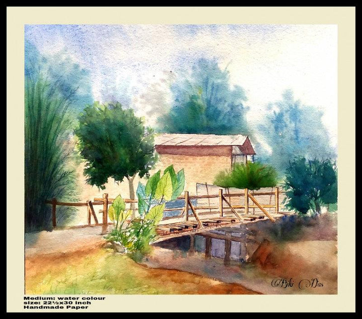 Landscape watercolor painting titled 'One a wood bridge very ricsy', 30x22 inches, by artist Biki Das on Handmade Paper