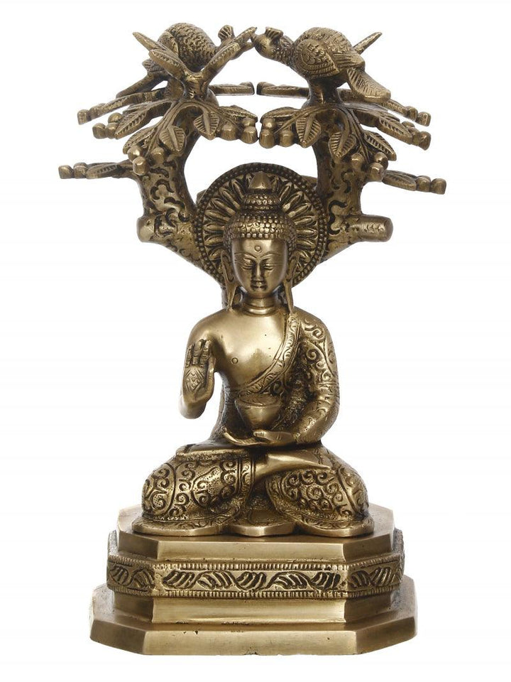 Religious handicraft titled 'One Ethnic Carved Blessing Lord Buddha', 9x6x6 inches, by artist Brass Handicrafts on Brass