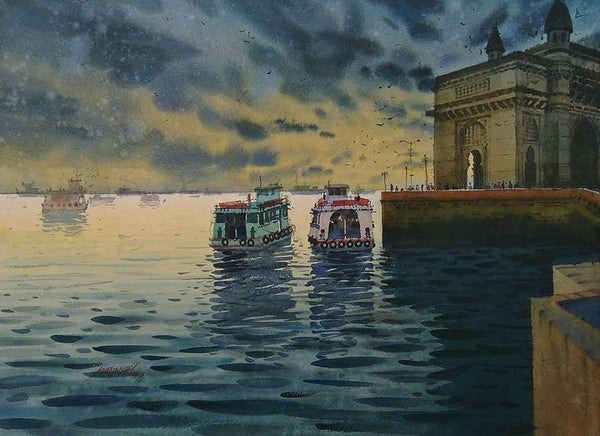 Cityscape watercolor painting titled 'One Evening At Gateway Of India', 24x30 inches, by artist Abhijit Jadhav on Paper