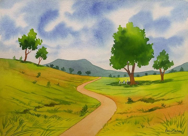 Landscape watercolor painting titled 'One Fine Day', 15x11 inches, by artist Rahul Salve on Paper