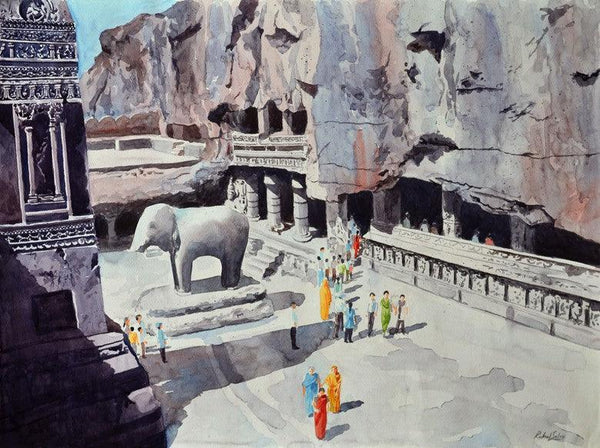 Place watercolor painting titled 'One Fine Day At The Ellora Caves I', 30x22 inches, by artist Rahul Salve on Paper