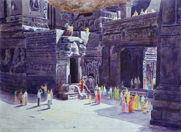 Place watercolor painting titled 'One fine day at the ellora caves II', 30x22 inches, by artist Rahul Salve on Paper