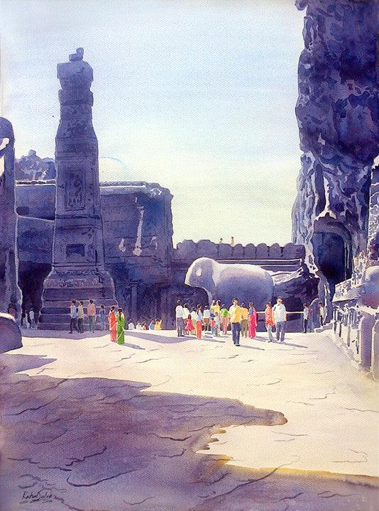 Place watercolor painting titled 'One Fine Day At The Ellora Caves III', 30x22 inches, by artist Rahul Salve on Paper