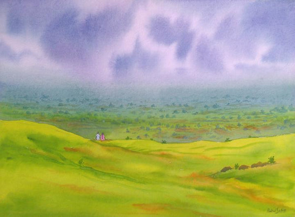 Landscape watercolor painting titled 'One Fine Day Mhaismal', 15x11 inches, by artist Rahul Salve on Paper