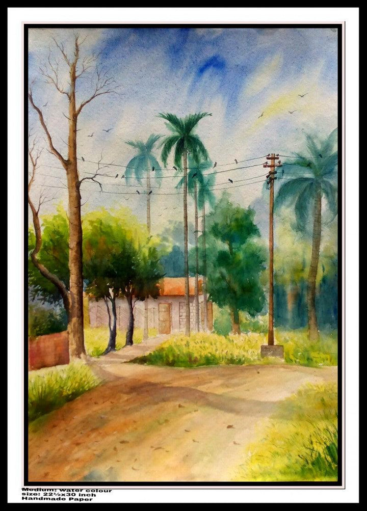 Landscape watercolor painting titled 'One of house And 1 tarning Road', 30x22 inches, by artist Biki Das on Handmade Paper