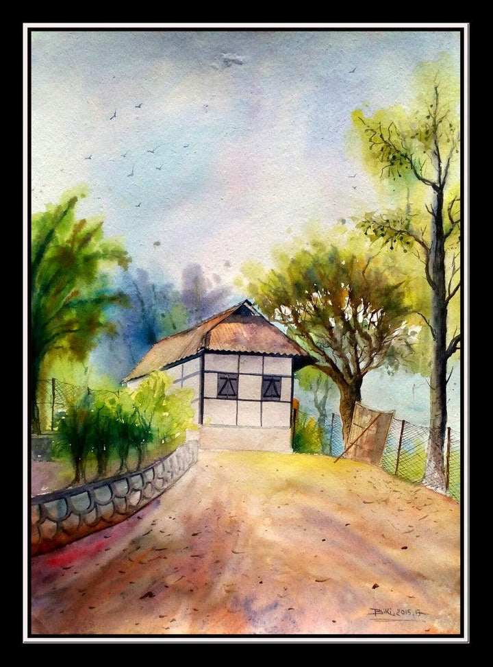 Landscape watercolor painting titled 'One of house hill Area', 30x22 inches, by artist Biki Das on Handmade Paper