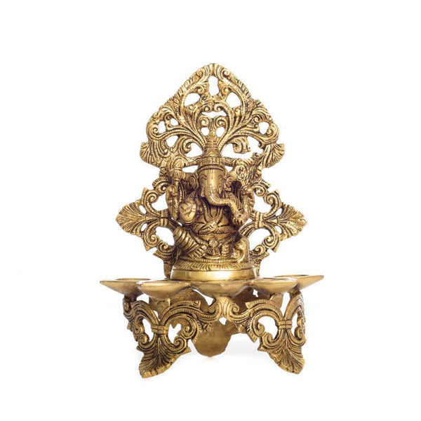 Religious handicraft titled 'One Panchdeep Ganesha Decorative Carving', 11x8x5 inches, by artist Brass Handicrafts on Brass