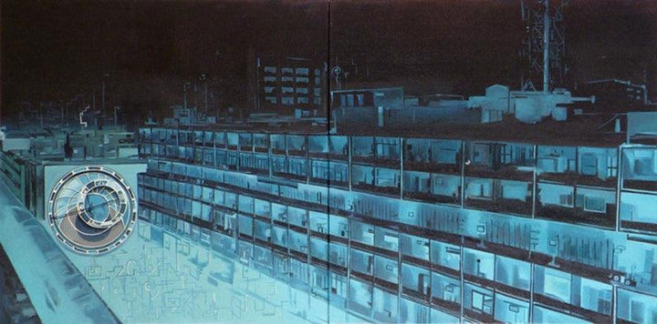 Cityscape oil painting titled 'Oneirism', 18x36 inches, by artist Bhartti Verma on Canvas