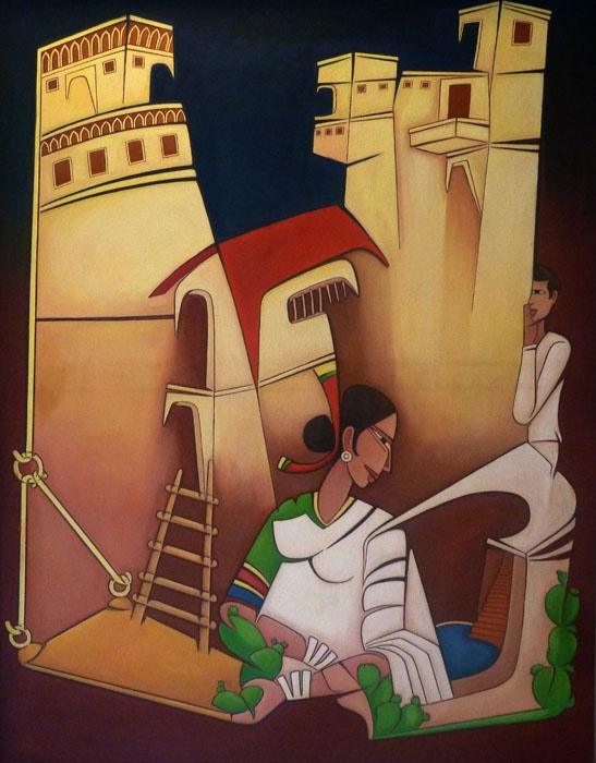 Figurative acrylic painting titled 'Onlooker', 48x36 inches, by artist Pasabhai Makwana on Canvas